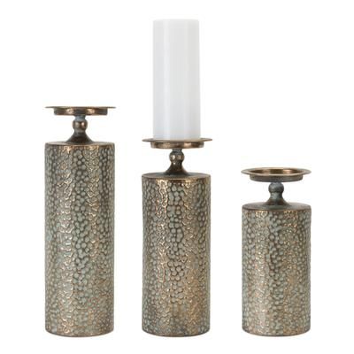 Hammered Bronze Metal Candle Holder (Set of 3) by Melrose in Copper/green