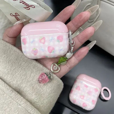 Sweet Pink Strawberry Grid Pattern Cute Transparent Fruit Pendant Earphone Protection Case For AirPods 1 2 3 4 Pro 2 Soft Cover