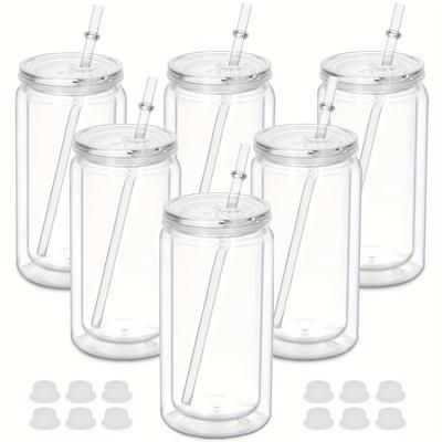 TEMU 6pcs 16oz Transparent Insulated Tumbler With Straw & Lid - Durable Pc Plastic, Pre-drilled For Easy Straws, Keeps Drinks Hot/cold, Office, Camping, Parties, Gifts (graduation, )