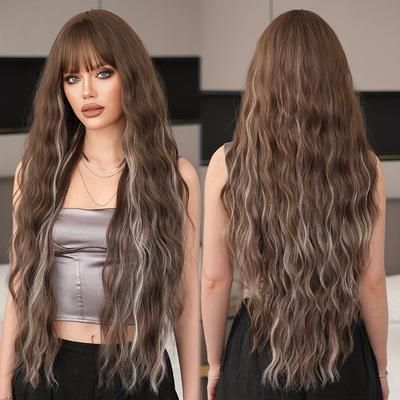 TEMU Elegant Long Water Wave Wig With Bangs For Women - High Density, Heat Resistant Synthetic Hair, & Parties, 35.43 Inches, Hair Wig