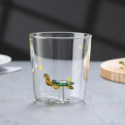 TEMU Cartoon Glass Cups With 3d Animal Designs - Reusable, Machine Washable, 350ml Milk Cups, Glassware, Animal Theme, Multipurpose, Patterned Product