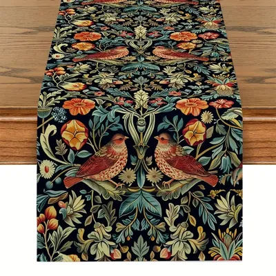 TEMU Vintage Floral & Bird Pattern Table Runner - Holiday Dining, Home Decor, Parties | Polyester, Rectangular