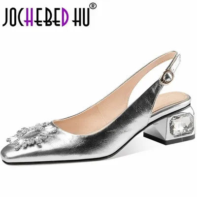 【JOCHEBED HU】 printemps été femmes pompes concis mode bout carré talons bas en cuir véritable Slingbacks sandales chaussures 34-43