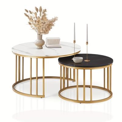 TEMU Nesting Coffee Tables, Set Of 2 Round Coffee Tables With Modern Marble White And Black Top Nest Tables For Living Room Home Office