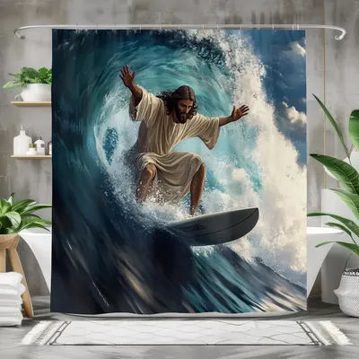 Surfing Jesus Shower Curtain - Spiritual Surf Decor, Ocean Wave Bathroom Curtain, Unique Christian Gift, Multiple Sizes