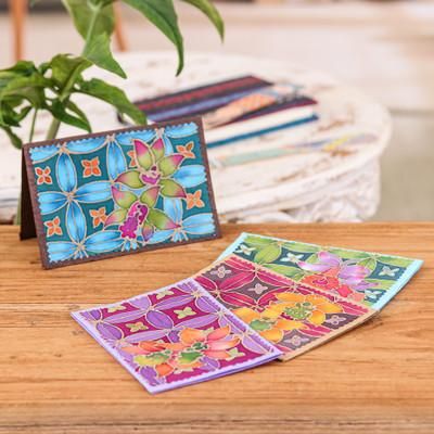 Cattleya Salutations,'4 Batik Cotton and Paper Greeting Cards with Floral Motifs'