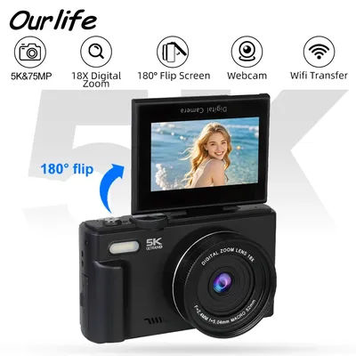 Ourlife AC600 Pro Compact 5K Digital Photography Camera 18X Digital Zoom 75MP 180° Flip Screen WIFI Vintage Vlog Video Recorder