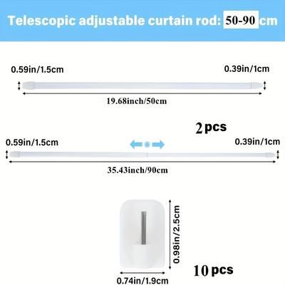 TEMU Pack Of 2 Net Curtain Rods With Self-adhesive Hooks For Windows, Kitchen Diy Projects, Retractable Curtain Rods, White