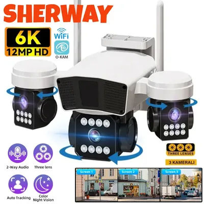 Three Lens PTZ IP Camera Outdoor 6K 12MP HD Three Screen WiFi Security Camera Auto Tracking Triple Screens Wireless CCTV Camera