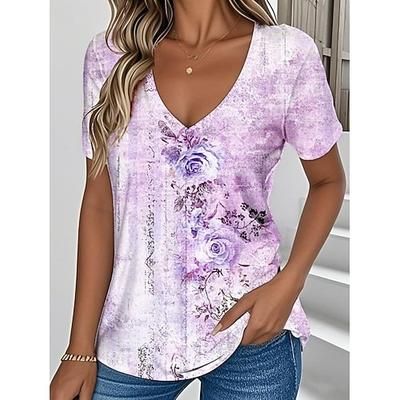 Per donna Maglietta Stampato Floreale Grafico Vintage Elegante Classico Manica Corta Scollo a V Top Regolari Quotidiano Blu Viola Verde Bianco sporco Estate Primavera