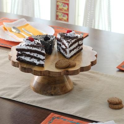 'Spring-Inspired Hand-Carved Mango Wood Cake Stand from India'