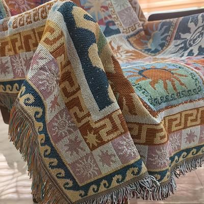 TEMU Bohemian Geometric Throw Blanket - Vibrant Mixed Colors, Fringe Trim, Indoor/outdoor Use For Camping, Couch, Bed - Machine Washable, Jacquard Design, Easycare Fabric