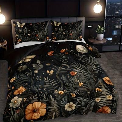 TEMU 2/3pcs Dark Gothic Vintage Plant And Floral Print Duvet Cover Set, 1 Duvet Cover + 1/2 Pillowcases Without Pillow Inserts, Home Dorm High-definition Printing