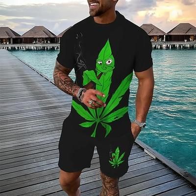 Per uomo Motivo a Piante 2 pezzi Set di magliette Top estivi Manica Corta Pantaloni corti Girocollo Canotta sportiva Casual Di tendenza Vacanza Sport Quotidiano Stampa 3D Estate Nero verde