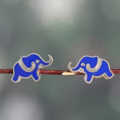 'Elephant-Themed Blue Enamel Sterling Silver Button Earrings'