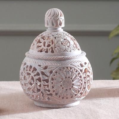 Jali Garden,'Openwork Floral and Leaf-Themed Soapstone Decorative Jar'