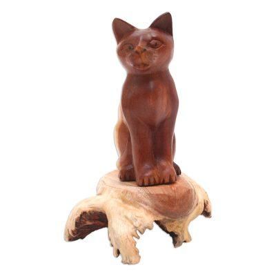 Wary Cat,'Handcrafted Hibiscus Wood Cat Sculpture'