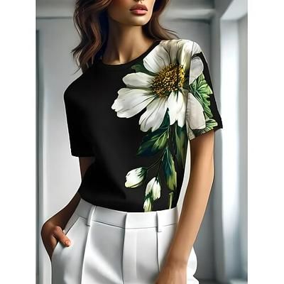 Per donna Maglietta Floreale Grafico Piante Vintage Elegante Classico Manica Corta Girocollo Top Regolari Quotidiano Weekend Stampato Nero Blu Viola Verde Grigio Estate Primavera