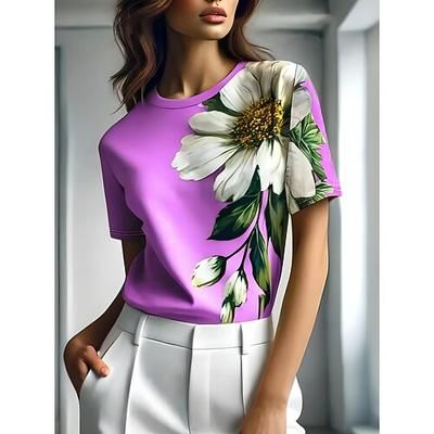 Per donna Maglietta Floreale Grafico Piante Vintage Elegante Classico Manica Corta Girocollo Top Regolari Quotidiano Weekend Stampato Nero Blu Viola Verde Grigio Estate Primavera