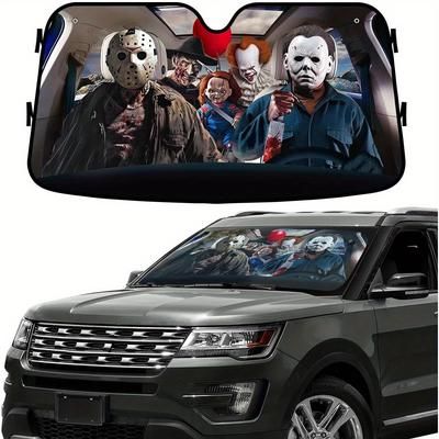 TEMU Horror Movie Themed Aluminum Windshield Sunshade - Uv Protection, Fits Suvs & Trucks, Featuring & Design, Vehicle Windshield Protection| Car Sticker|suction Cup Attachment