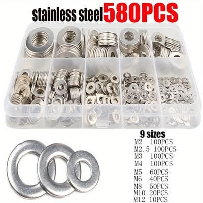 TEMU 580pcs, Stainless Steel Washer Plain Washer Kit Screw Fastener Hardware Assortment Accessories M2/m2.5/m3/m4/m5/m6/m8/m10/m12