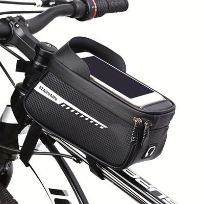 TEMU Bike Handlebar Bag With Touch Screen Shade, Adjustable Strap, And Phone Holder For Mountain Bikes - Black, Bike Storage Bag, Secure Zipper Closure