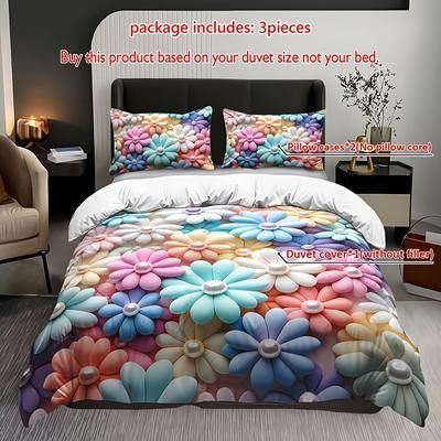 TEMU 3pcs Vibrant Floral Print Duvet Cover Set (1 Duvet Cover + 2 Pillowcases) - Polyester, Machine Washable, Decor, Duvet Cover Set|vibrant |polyester Fabric, Flower Decor