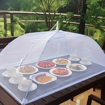 TEMU Large Pop-up White Mesh Food Tent - Octagonal Foldable And Washable Cover With Sturdy Legs For Picnics, Bbqs, Outdoor Dining And Partie
