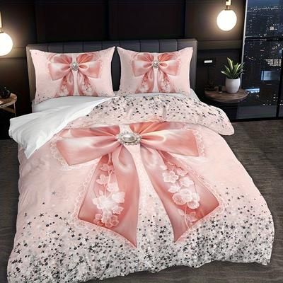 TEMU 2/3pcs Pink Bowknot Lace Glitter Duvet Cover Set (1 Duvet Cover + 1/2 Pillowcases Without Inserts), Home Dormitory High-definition Printing