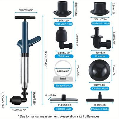 TEMU High Pressure Air Toilet Plunger Set With Stainless Steel - Impact Wave For Kitchen Sink, Bathroom, And Pipe Blockages- No Battery Needed
