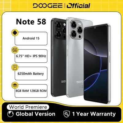 Global Version DOOGEE Note 58 Smartphone 32GB(8+24) 128GB 6.75" HD+ 90Hz Screen 6250mAh Battery Octa Core Processor Android 15