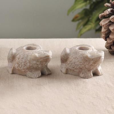 'Pair of Frog-Shaped Hand-Carved Soapstone Candle Holders'