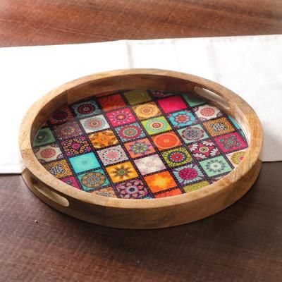 'Mosaic-Themed Round Resin-Coated Mango Wood Tray from India'
