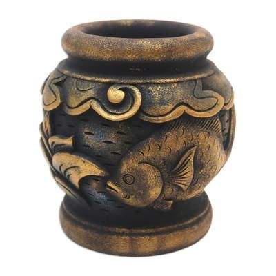 Mahogany decorative vase, 'Balinese Goldfish'