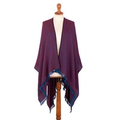 Bordeaux Aurora,'Woven Soft 100% Baby Alpaca Ruana in Bordeaux and Blue Hues'