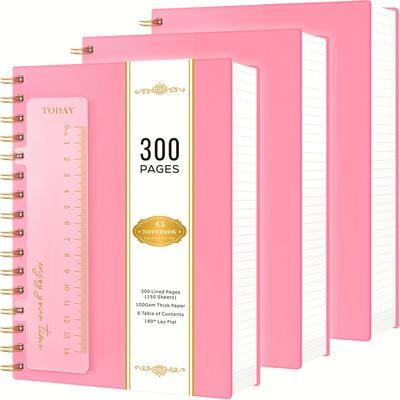 TEMU 3pcs Spiral Notebook A5, 300 Pages Wirebound Spiral Notepad With 100gsm Lined Paper, No Bleed, Pvc Waterproof Cover, Thick Note Book For Women Men, For School, X 20.7cm
