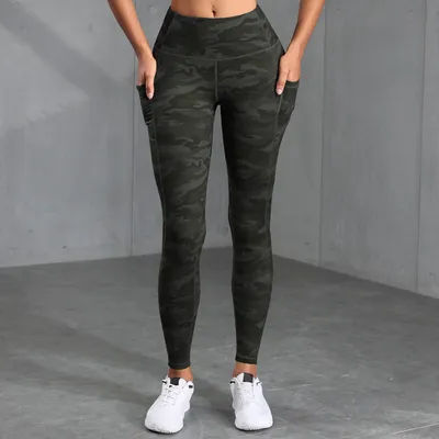 Camouflage Print Women High Waisted Pocket Pants Sports Suitable For Running, Fitness, Yoga, Outdoor, Squat-Proof Leggings