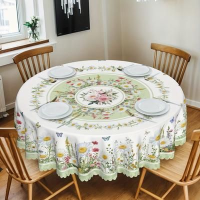 TEMU 1pc Round Polyester Tablecloth - Spring Summer With Daisies, Lavender & Butterflies, Embossed Edges, 100% Machine-washable For Picnic, Dinner Party, Kitchen & Dining Room Decor