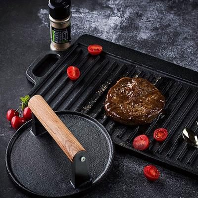 TEMU Round 7 Inch Cast Iron Grill Press With Wooden Handle - Heavy-duty Burger Weight Press For Kitchen Use