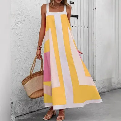 2025 femmes bohème robe florale été décontracté couleur bloc Maxi plage robes globales couvertures sans manches bandoulière robes