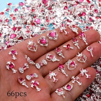 TEMU 66pcs Luxury Rhinestone Metal 3d Nail Art Pieces - Heart And Pink Diamond Shapes, Alloy For Women's , Nail Art Supplies | Glittering Nail Decor | Durable Alloy
