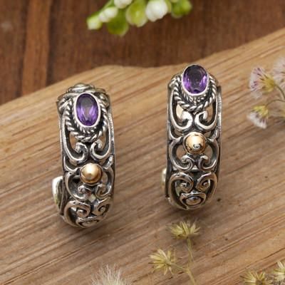 '18k Gold-Accented Half-Hoop Earrings with Oval Amethyst Gems'