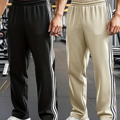 TEMU Two-piece Set, Men's Loose Striped Sweatpants, Black & White Side Stripes, Lightweight Polyester, Straight-leg, Breathable, Ideal For Casual Wear, Running, Training, And Outdoor Sports ()