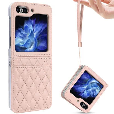 VIETAO Leather Card Slot Mobile Phone Case Compatitable With Samsung Galaxy Z Flip 6 5 4 Case With Hand Wristband Strap, Pink