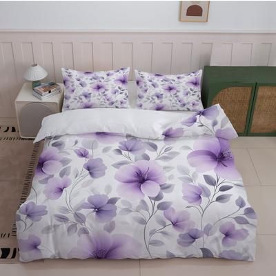 TEMU 3pcs Purple Floral Print Bedding Set - White Background With Large Flowers (1duvet Cover + 2pillowcase, Without Core) - Modern Bedroom Decor