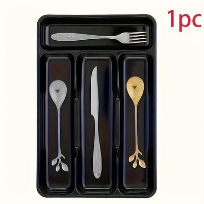 TEMU High-quality Flatware Organizer - Durable Pp Kitchen Drawer Tray For Spoons, Knives, And Forks, With Multiple Compartments, Lightweight And Space-saving, 1pc - Black