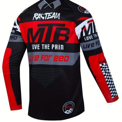 TEMU Men's 'mtb' Letters Print Long Sleeve Biking Jersey, V Neck Quick-drying Off-road Mountain Cycling Sweat-absorbing Clothing