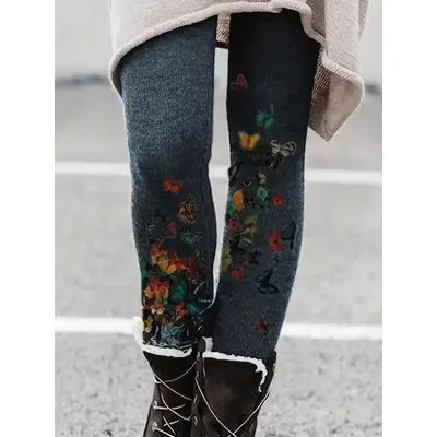 Plus Size 1XL-5XL Women Casual Leggings Women's Butterfly Print Elastic Slight Stretch High Rise Leggings