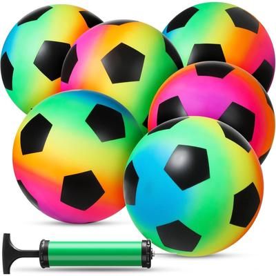 TEMU Rainbow Football Pack Of 6 Plastic Football, Beach Ball Ideal For Family Games, Kids , Easy To Inflate, Lightweight Playground Ball Outdoor Fun For Boys And Girls (6x Footballs With 1 Pump)