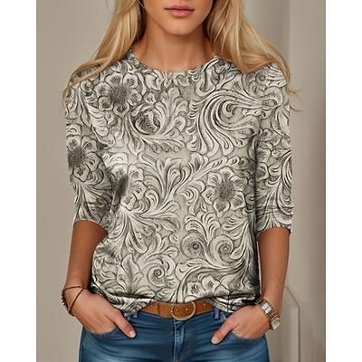 Maglietta da Donna a Manica Lunga Collo Rotondo Maglietta Tunica Floreale Grafica Piante Vintage Elegante Stile Classico Top Regolari Giornaliera Stampa Gialla Beige Preautunno